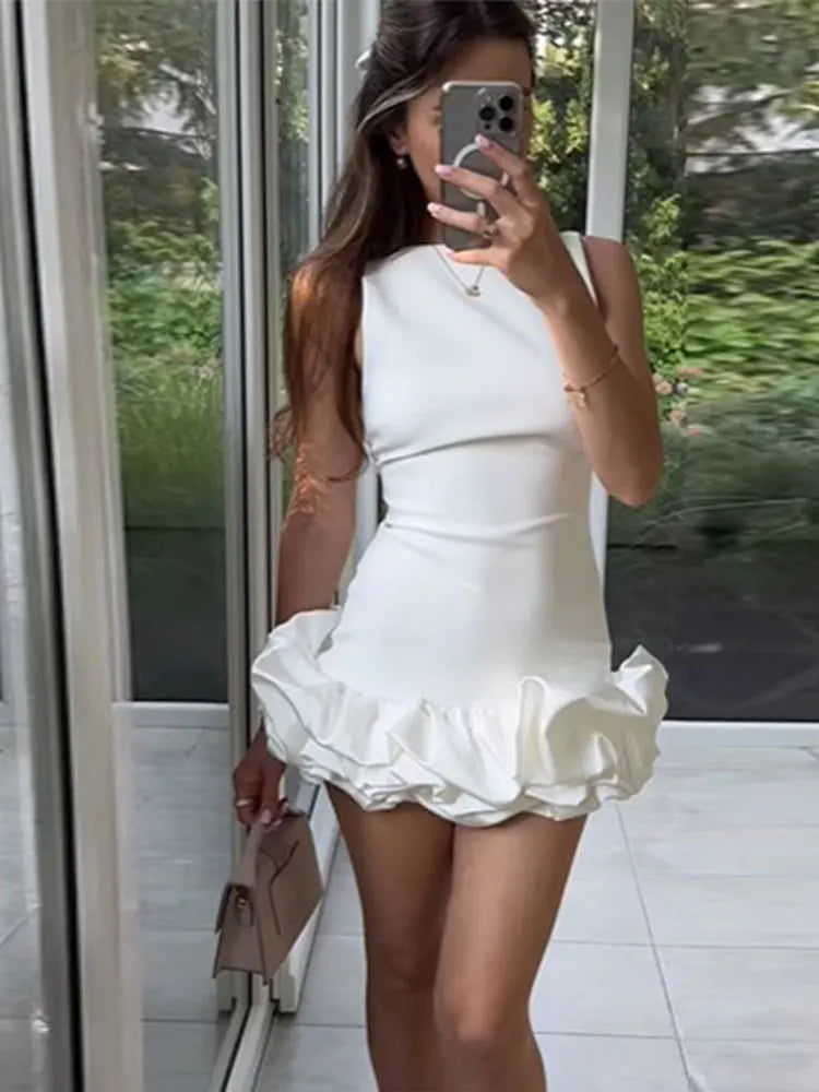 2024 New Elegant White Ruffles Pleated Mini Dress Women Fashion O-neck Sleeveless Slim Vestido Female Chic Party Evening Dresses - reetell