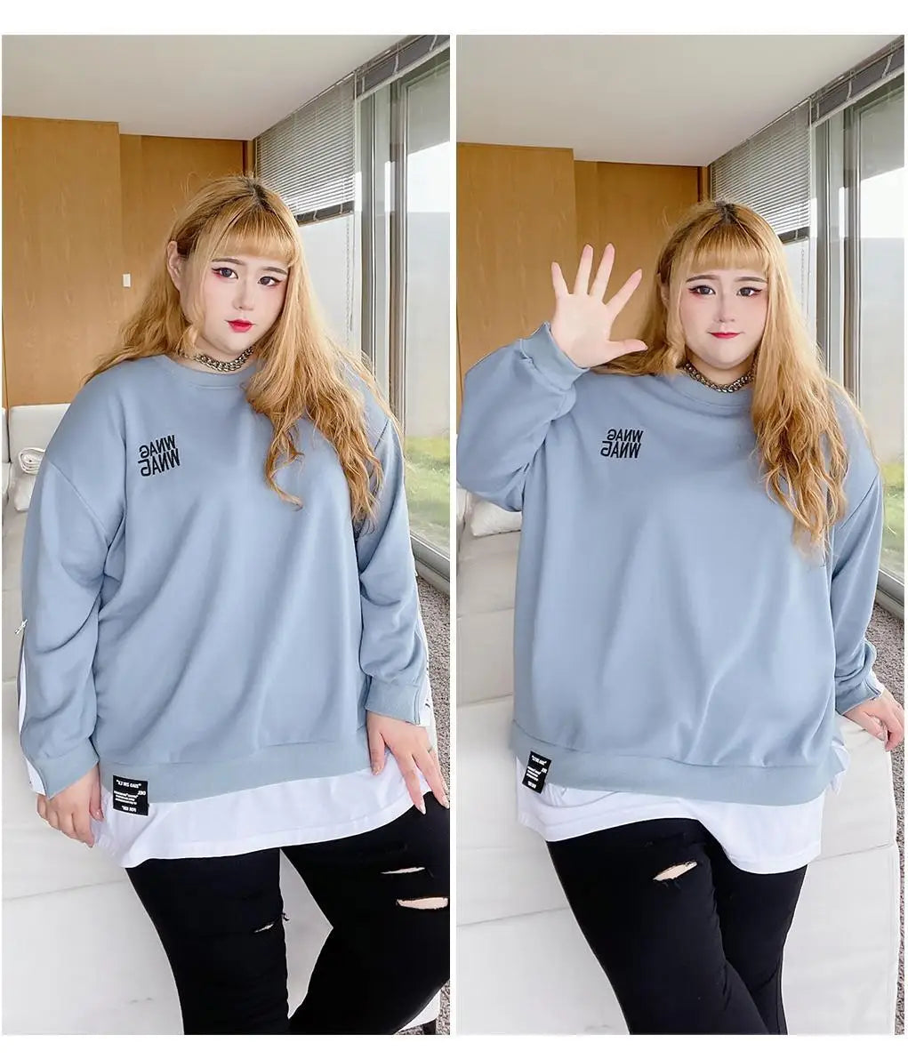 Spring Autumn New Korean Fashion Two Fake Pieces Plus Size Sweatshirt Women Letter Patchwork Casual Lady Tops Oversized Clothes - reetell