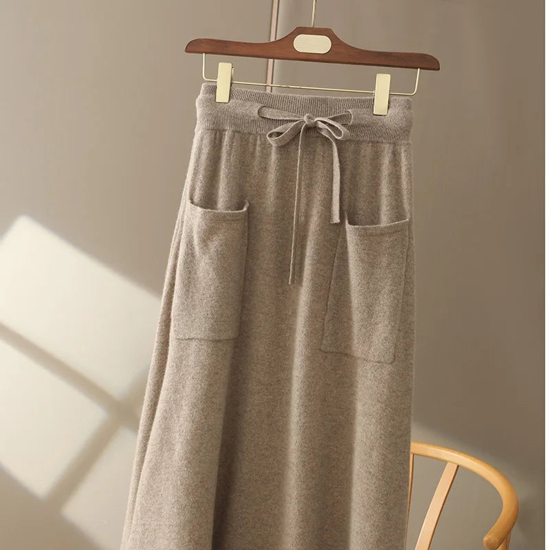 Autumn And Winter100% Pure Wool Skirt Women's Long Pocket Small A Skirt High Waist Slim Cashmere Knit A-Line Skirt - reetell