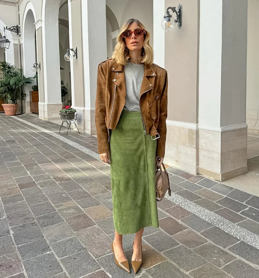 Fashion High Waisted Suede Straight Leg Skirt Women Spring Autumn Green Elegant Split Ziped Slim Mid Length Skirts Female New - reetell