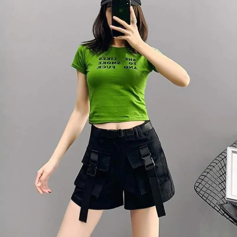 Boxer Women's Cargo Shorts with Pockets Female Short Pants Wide High Waist Korean Style Aesthetic Design Harajuku Fashion Cheap - reetell