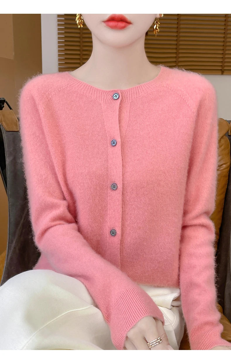 100% Merino Wool Long Sleeve Sweaters Cashmere Cardigan Spring Autumn Women O-Neck Knitwear Tops Clothing Fashion Basic Tops - reetell