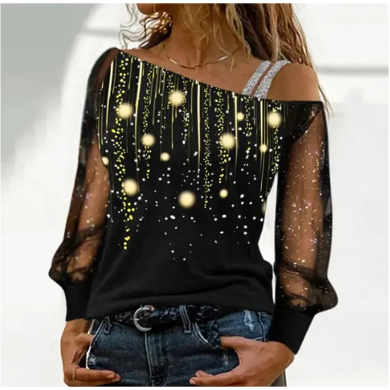 Silver Shoulder Strap Transparent Sleeves Sequins Blouse Women's Sexy T-shirt Christmas Tree Printed Long Sleeved Top - reetell