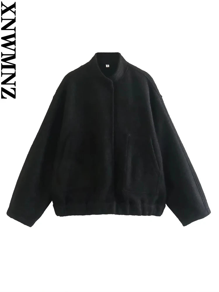 XNWMNZ 2023 Women Fashion Oversized Bomber Jackets Coat Pockets Vintage Stand Neck Long Sleeves Female Chic Outwears