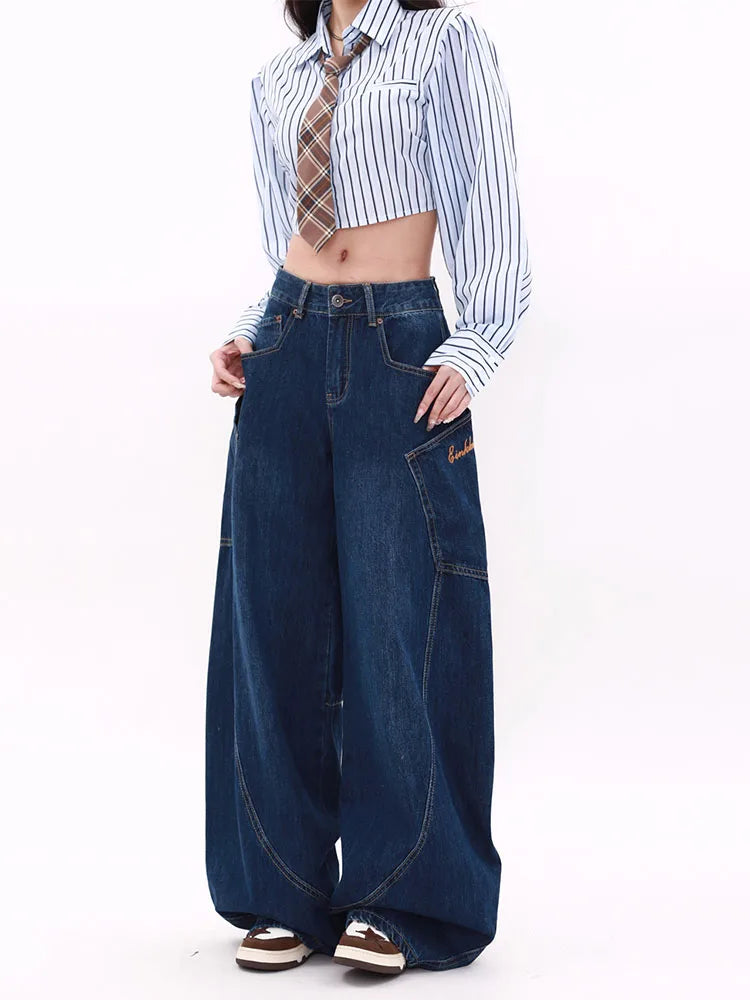 WCFCX STUDIO Women's Wide Leg Jeans American Vintage Street Style High Waisted Casual Trousers Design Sense Niche Baggy Pants - reetell