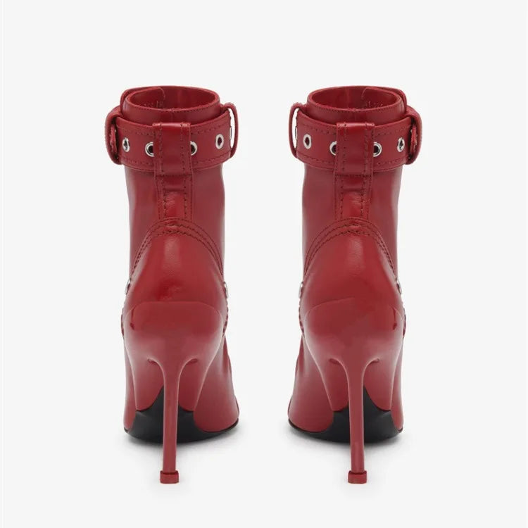 Belt Buckle Front Zipper Fashion Show Short Boots Women's Autumn Winter New Pointed Metal Decoration Red High Heels Ankle Boots