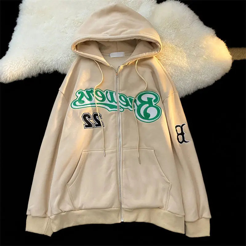 Hiphop Letter Embroidery Sweatshirt Women Autumn Harajuku Zip Up Casual Loose Hoodie Retro Long Sleeve Hooded Jacket Y2K Clothes - reetell