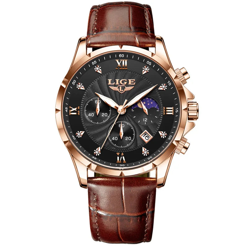 LIGE Mens Watches Casual Business Watch Men Luxury Waterproof Date Luminous Chronograph Wristwatch Quartz Watch Leather Clock