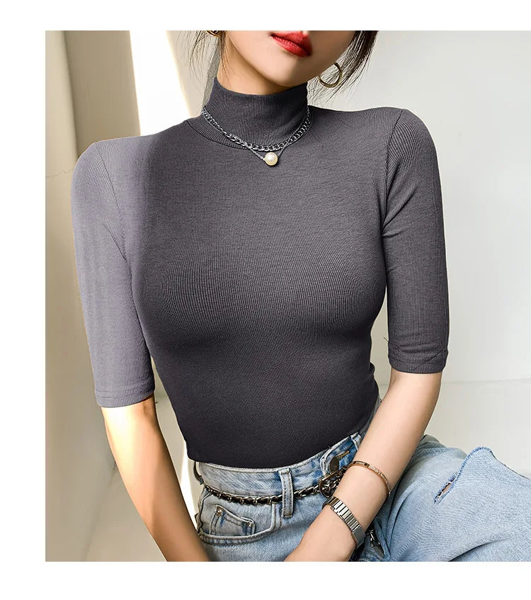 Basic Cotton T Shirt Women Turtleneck Slim Tshirt Short Sleeve T-shirts Female Casual Elasticity White Tee Shirt Femme Woman Top - reetell