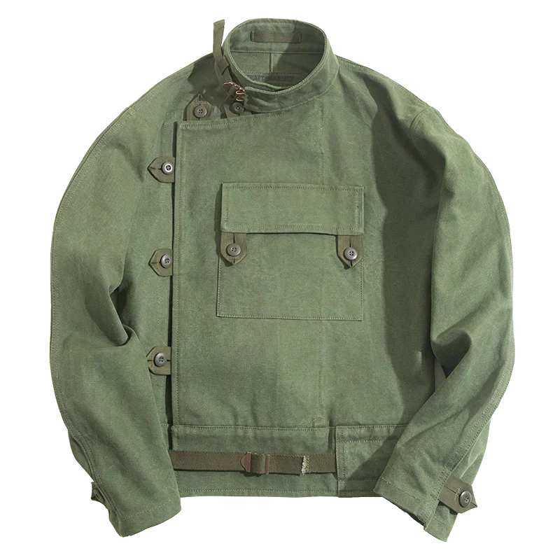 Maden Green Retro bomber Jackets Misplaced Oblique Buckle Swedish Motorcycle Men's AMEKAJI Cotton Autumn Winter Coat