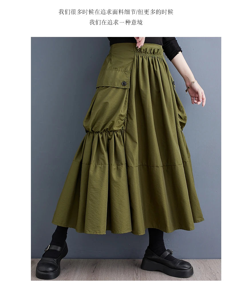 Oversized Spring Autumn Cargo Midi Skirt Women Elastic High Waist Fashion Ruffle Pleated Ladies Skirts Loose Casual Woman Skirt - reetell