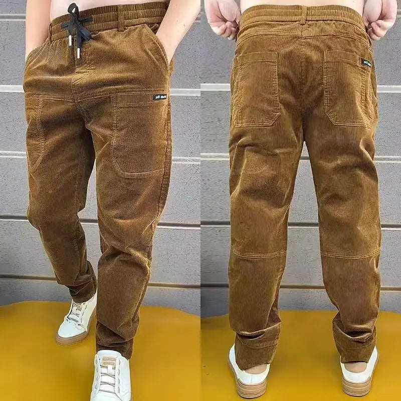 Corduroy Cargo Trousers Men's Simple Loose American Retro Casual Elastic Work Splicing Multiple Pockets Rib Leg Jogging Pants - reetell