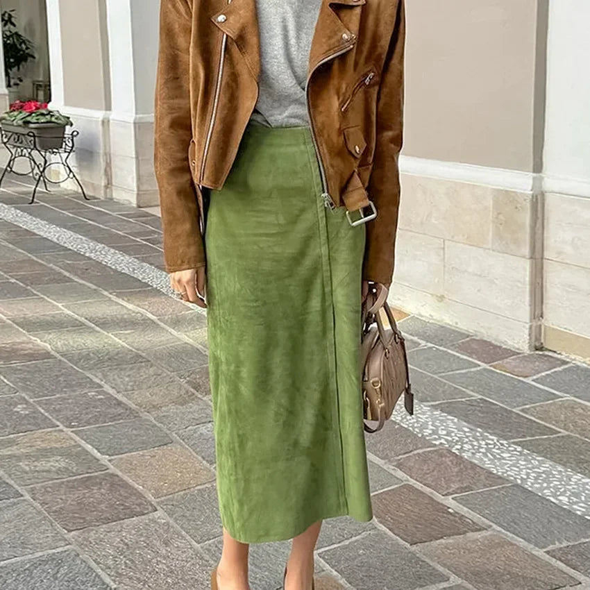 Fashion High Waisted Suede Straight Leg Skirt Women Spring Autumn Green Elegant Split Ziped Slim Mid Length Skirts Female New - reetell