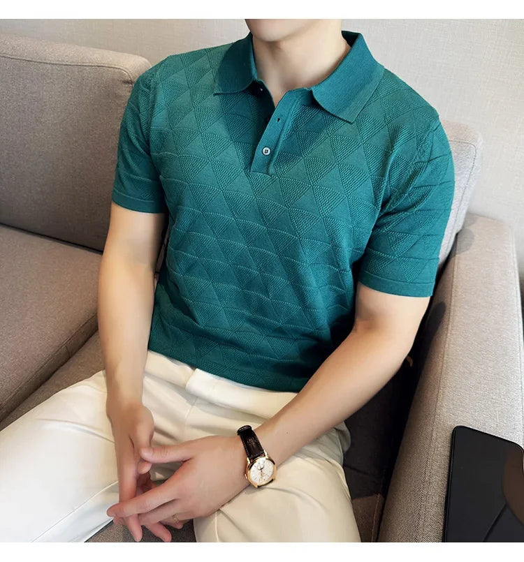 High-quality Men's Jacquard Polo Shirt, Business Casual Men's Solid Color Short-sleeved Top,  Geometric Pattern Men's T-shirt.