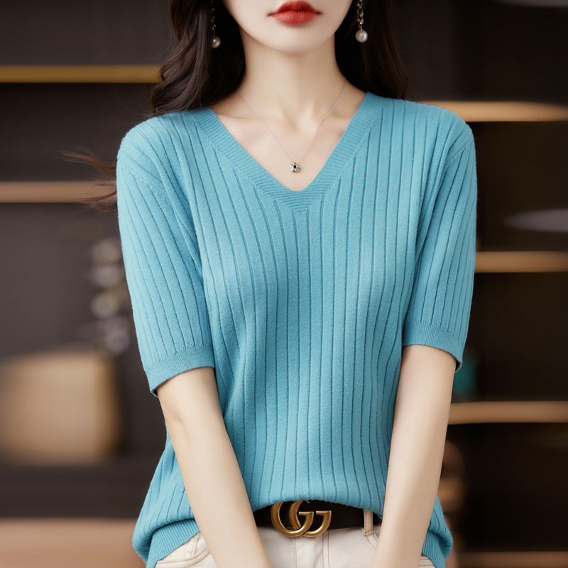 Women Sweater Short Sleeve V-neck Stripe Knitwears Slim Fit Shirt Korean Fashion Pullovers Thin Knit Tops 2024 Bottoming Shirts - reetell