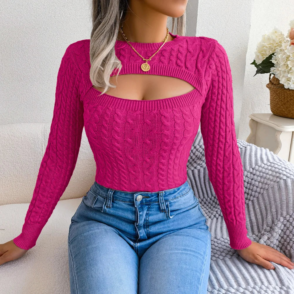 2024 Autumn winter Europe and the United States fashion hollow twist long-sleeved sweater Amazon burst women's clothing - reetell