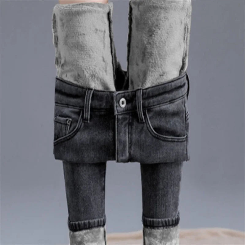 Spring Autumn and Winter Skinny Warm Jeans Women Velvet Ankle Length Casual Thick Pencil Pants Basic Fleece Denim Trousers - reetell