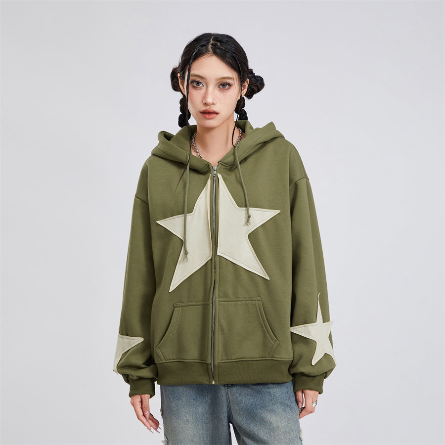 wsevypo Grunge Retro Star Print Hoodies Autumn Women's Long Sleeve Zip-up Hooded Sweatshirts with Front Pocket Street Outwear - reetell