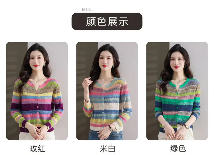 Fashion Women Clothing Colorful Striped Cardigan Sweater Spring Autumn New Korean Versatile Casual Long Sleeve Knitted Coats - reetell