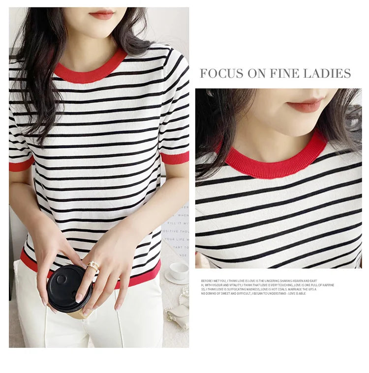 Short Sleeve T-shirts Women Striped Basic Chic Simple All-match Harajuku Retro Cotton O-neck Trendy Loose Leisure Cozy Womens - reetell