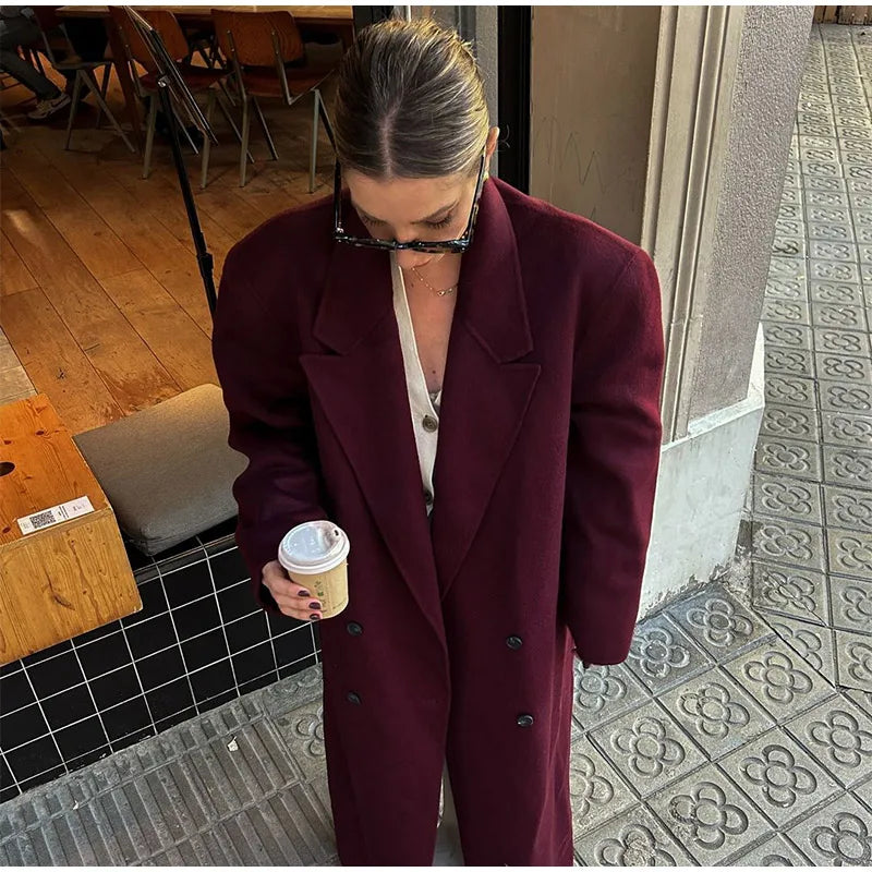 Casual Double-breasted Lapel Oversized Woolen Overcoat Women Chic Pockets Full Sleeve Coat 2024 New Autumn Lady Retro Streetwear - reetell