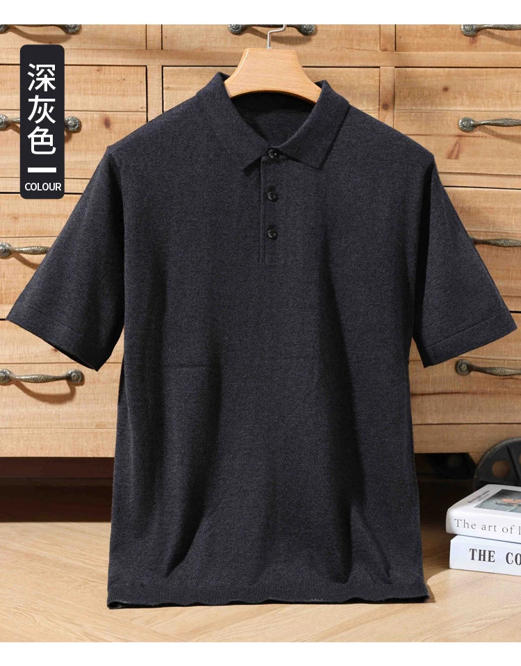 100% merino sweater summer men's lapel pullover short sleeve POLO neck sweater loose top knitted clothing plus size T-shirt