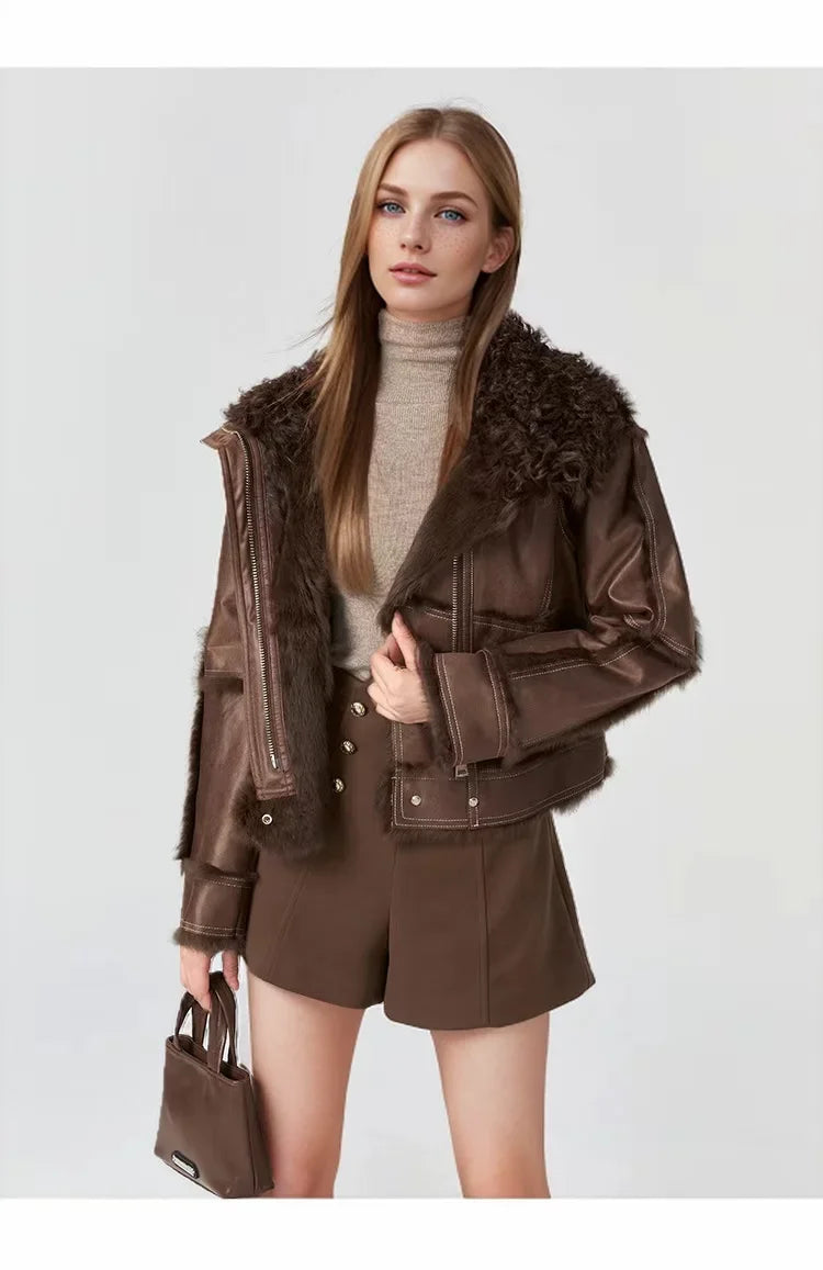 2024 Winter Short Style Fur Women Sheepskin Jacket Tanned Suede Luxury With 100%Natural Rabbit Lining Luxury Fashion Fur Coat - reetell