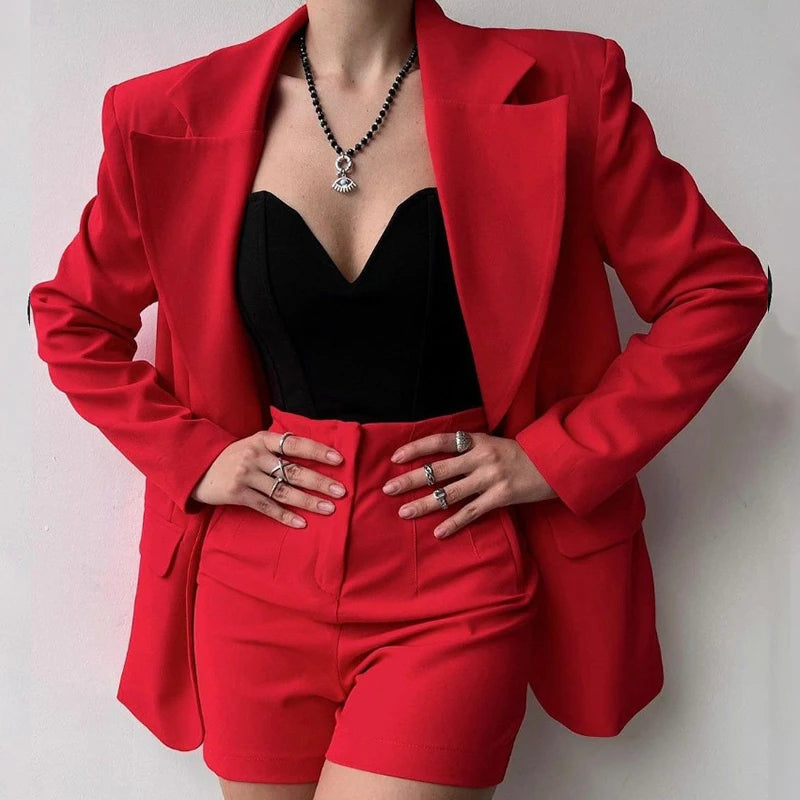 Commute Elegant Solid Women Suit Set Fashion Notched Collar Blazer Top & Slim Bodycon Shorts Outfit 2024 Spring Autumn Two Piece - reetell