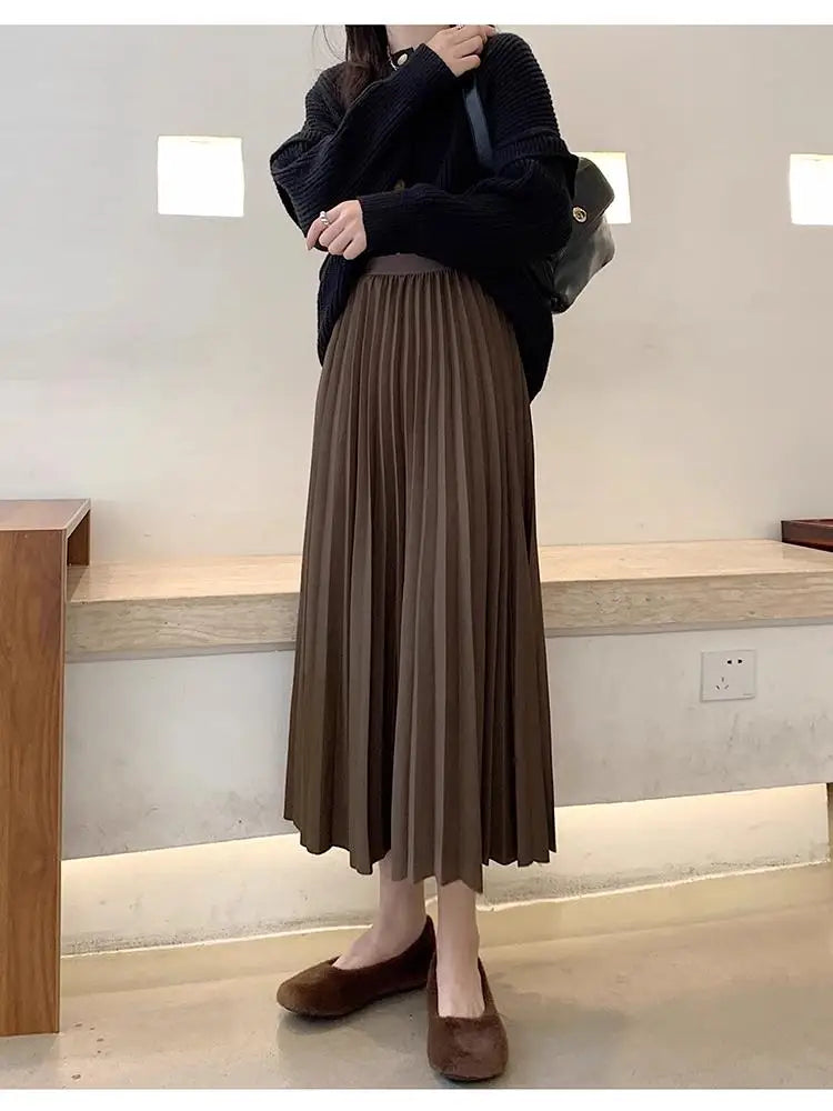 2023 Women Elegant Pleated Skirt High Waist Women Mid-long Skirt Female Ladies High Quality Women Midi Skirt Black Saia - reetell