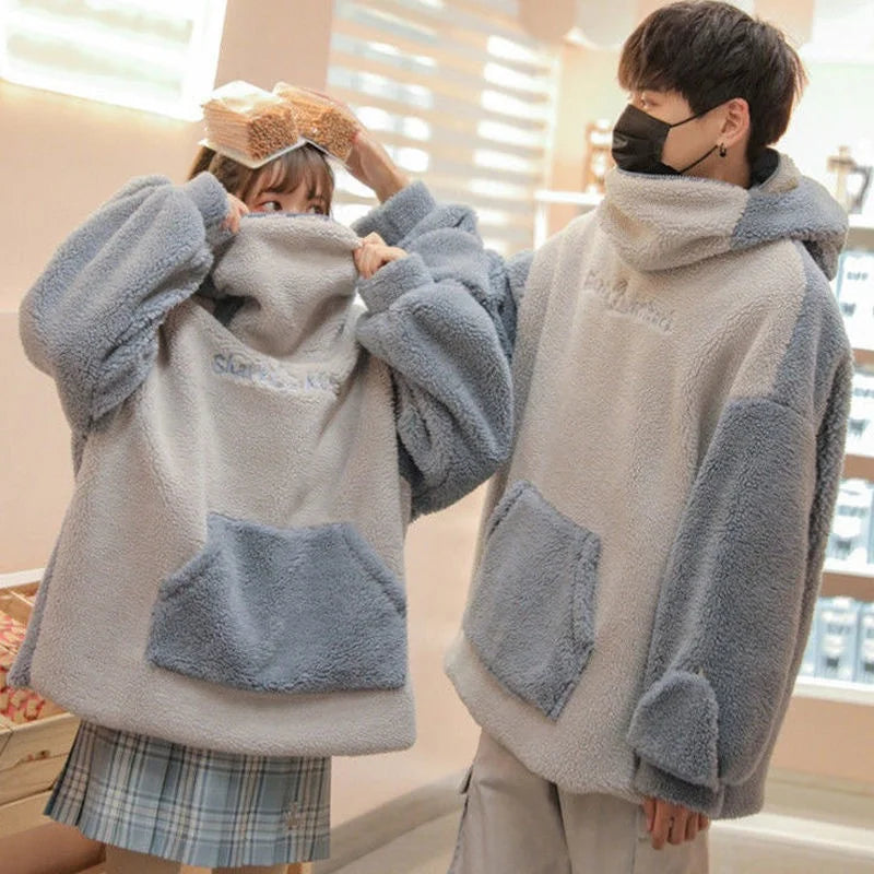 Cute Shark Shape Hoodies Couples Matching Women Kawaii Loose Tops Lambswool Zipper Hooded Sweatshirts Big Pockets Pullovers - reetell