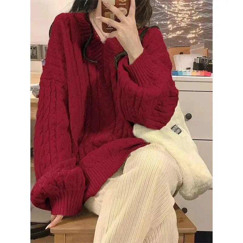 Women's Autumn and Winter Fashion Loose Outer Wear Lazy Style Niche Warm Knit Sweater Top - reetell