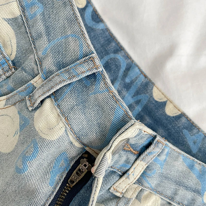 Y2K Baggy Flowers Printting 2000s Denim Trouser Women's Washed Vintage Casual Pants Female High Street Retro High Waist Jeans - reetell