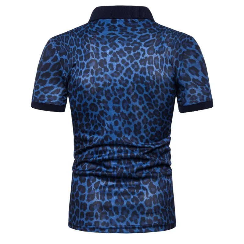 1pc New Men's Fashion T-shirt Leopard Print Short Sleeve Breathable Lapel  Men Clothing