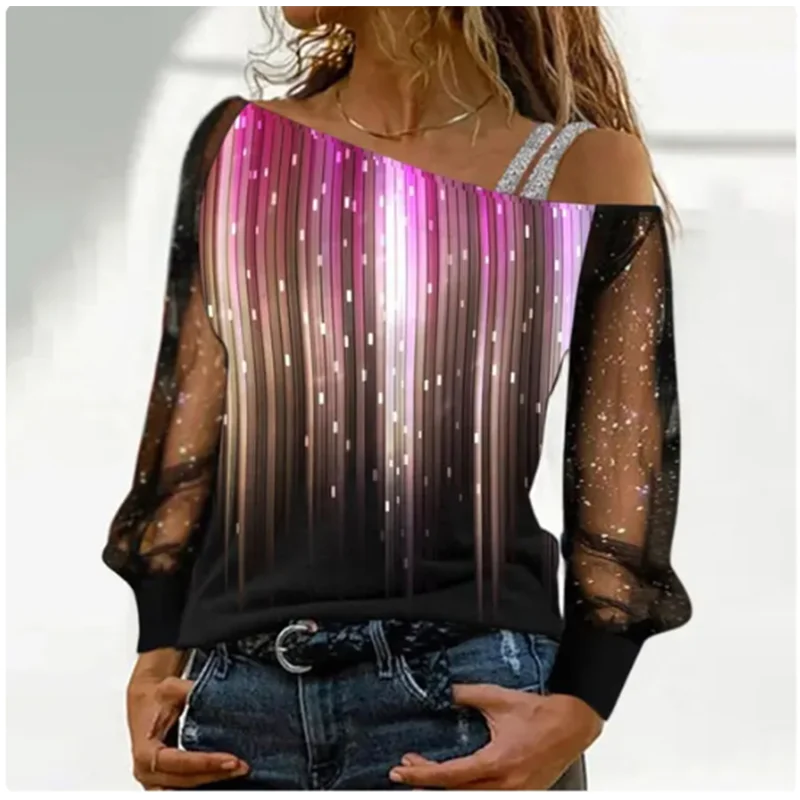 Silver Shoulder Strap Transparent Sleeves Sequins Blouse Women's Sexy T-shirt Christmas Tree Printed Long Sleeved Top - reetell