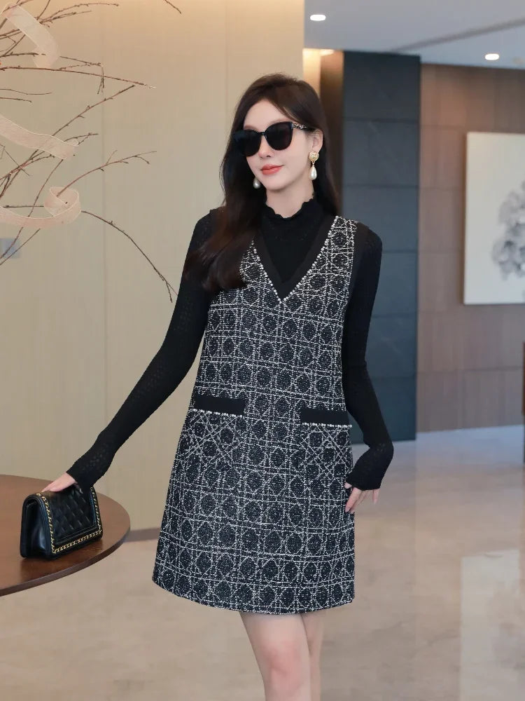 Embroidered pearl design dress two-piece set for women's new item light luxury black long sleeved top checkered vest skirt - reetell