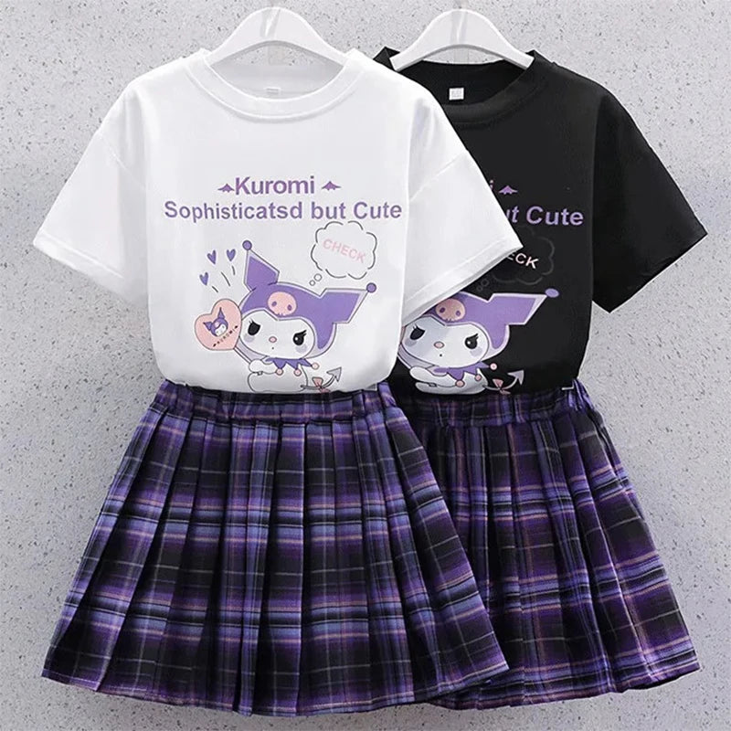 Sanrio New Girls Pleated Skirt T-Shirt Set Kuromi Summer Cute Skirt Set Jk College Style Fashion Clothing Set Holiday Gift - reetell