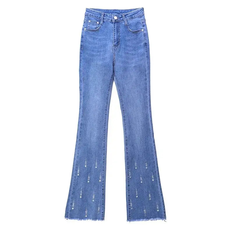 Spring Autumn New Trend Trimmings High Waist Denim Pants Womens Korean Embroidery Button Pockets Wash Slim Micro Flare Jeans - reetell