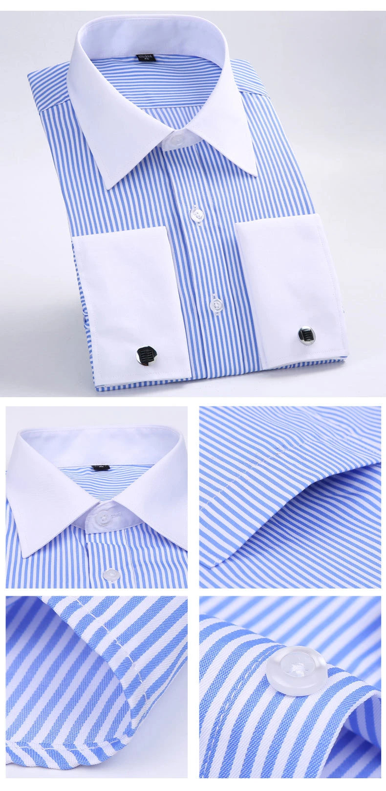 M~6XL Men's French Cuff Dress Shirt 2024New White Long Sleeve Formal Business Buttons Male Shirts Regular Fit Cufflinks Shirt - reetell