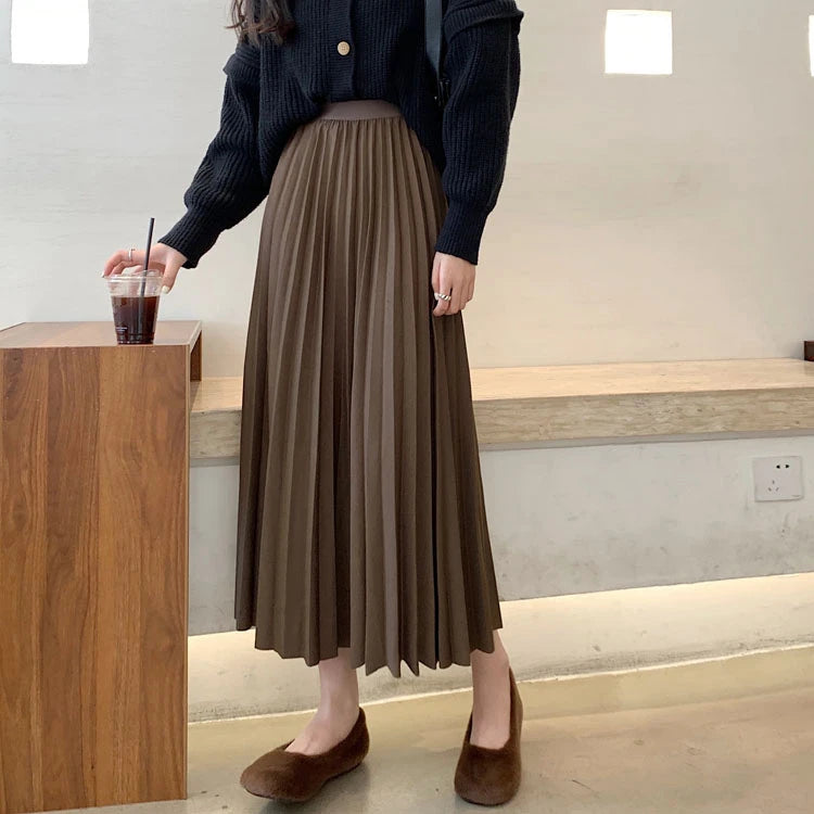 2023 Women Elegant Pleated Skirt High Waist Women Mid-long Skirt Female Ladies High Quality Women Midi Skirt Black Saia - reetell