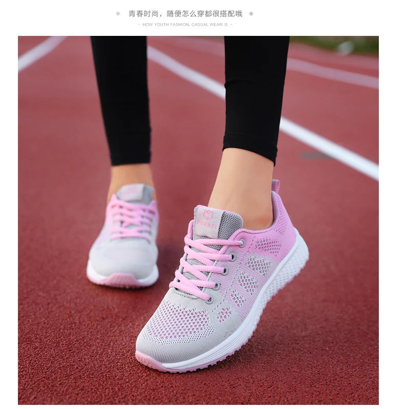 Women Casual Shoes Breathable Walking Mesh Lace Up Flat Shoes Sneakers Women Tenis Feminino Pink Black White - reetell