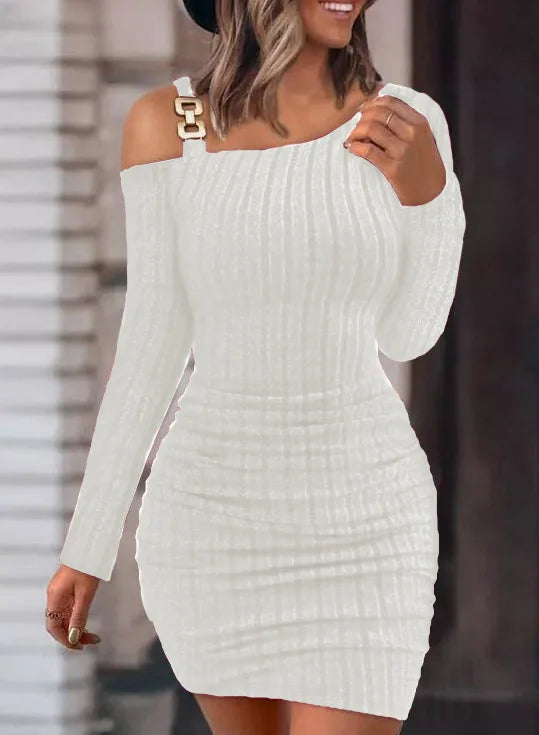 Sexy Chain Off Shoulder Mini Dress Women Autumn Fashion Bodycon Long Sleeve Dresses For Women Winter Skinny Knitted Vestidaos - reetell