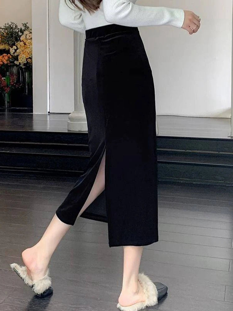 Elegant Velvet Black Long Skirts Women Autumn Winter High Waist Faldas Korean Fahion Clothing Office Ladies Bodycon Midi Skirt - reetell