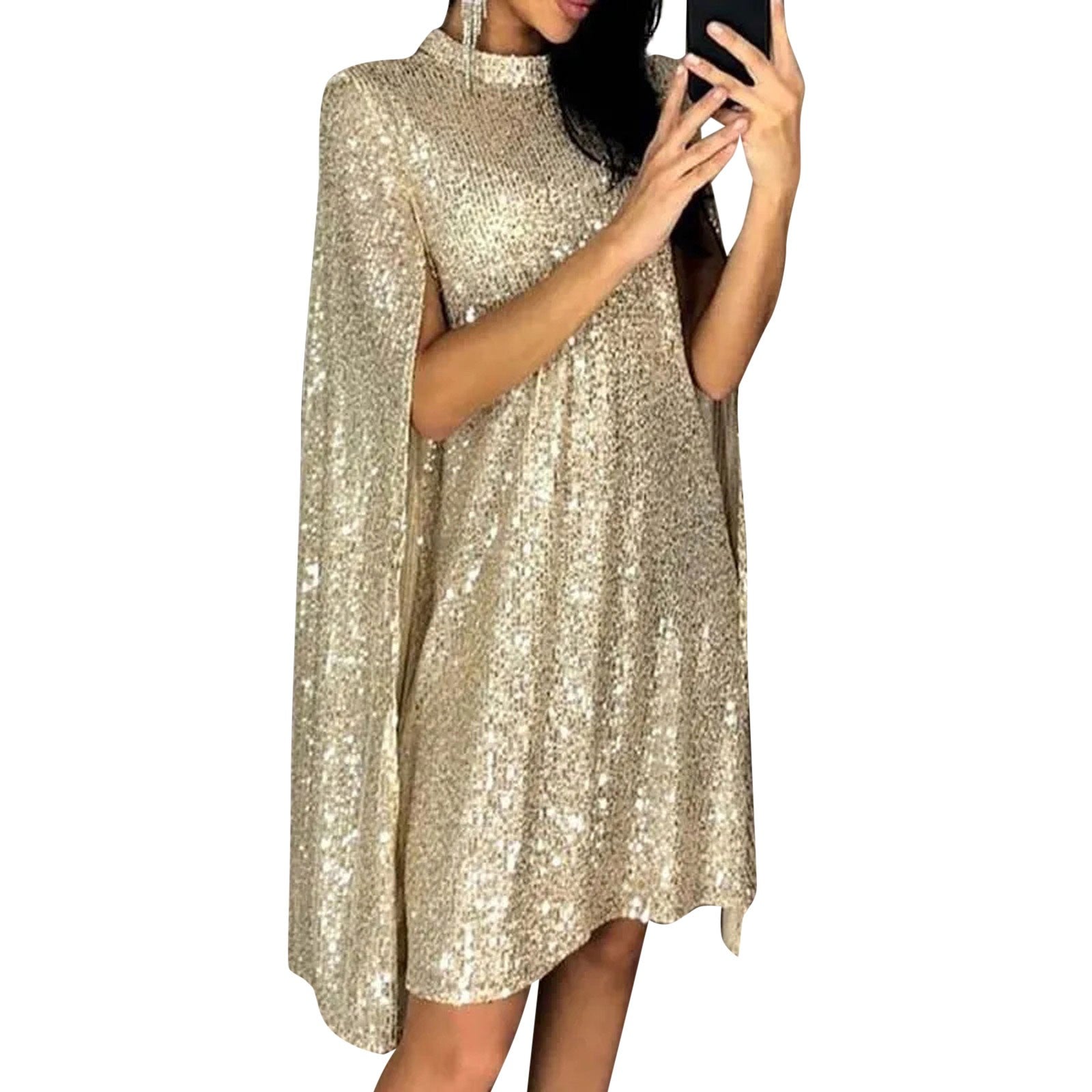 Sequin Party Dresses For Women 2024 Golden Elegant Cloak Sleeve Patchwork Loose Evening Dress Silver Sexy Club Vestidos Female - reetell