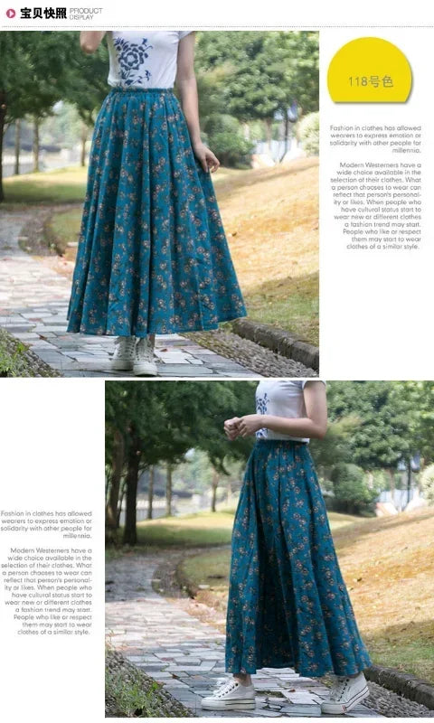 Fashion Summer Cotton Linen Women Skirt Saia Casual Vintage y2k Print Long Skirts Woman Clothes Bohemian Faldas Maxi Bottom Jupe - reetell