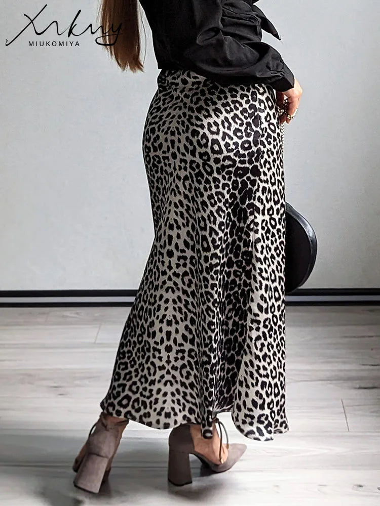 MiuKoMiYa Autumn Satin Leopard Print Maxi Skirt Women High Waist A Line Office Slim Long Leopard Skirt For Women Elegant 2024 - reetell