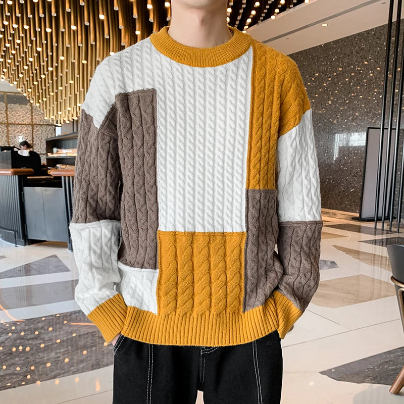 New Spring Winter Fashion Patchwork Loose Sweater Men Streetwear High Quality Mens Casual Sweaters Warm Knitting Pullovers Men - reetell