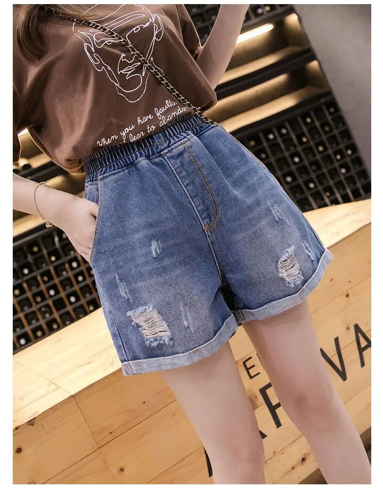 Large Size Broken Hole Cowboy Shorts Women Thin Section Wide Loose Tight High Waist Skinny A Word Wide Leg Fattening Hollowing - reetell