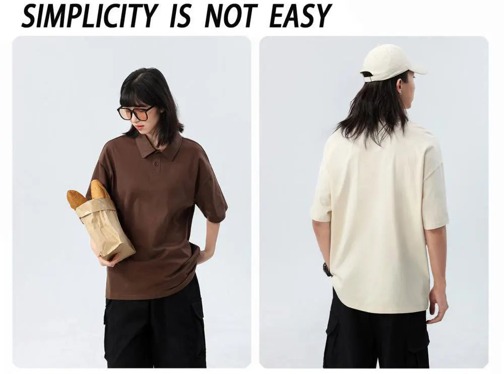 240 Grams Thickened Solid Polo Shirt Heavyweight Cotton Drop Shoulder Lapel Short SleeveTees