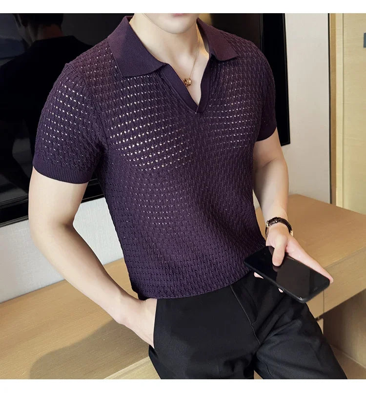 Men's Polo Shirt 2024 Summer New Light and Thin Knitted Hollow Solid Color Casual Short Sleeved V-neck T-shirt Men's Clothing