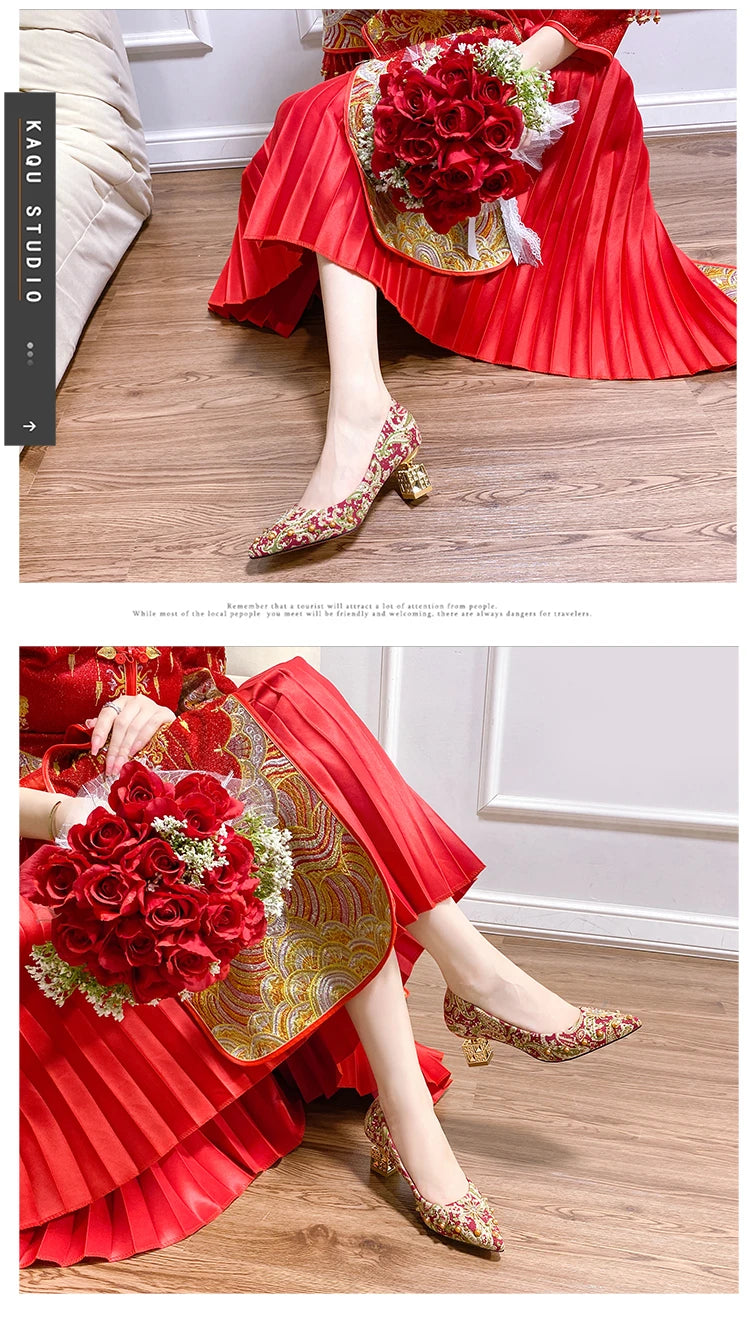 Autumn New Ladies High Heels Pointed Toe Shaped Heel High 5cm and 7cm Wedding Shoes Square Buckle Travel Banquet Shoe High Heels